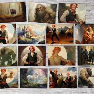 De dappere kleermakerset A6 (15 kaarten) Kunstig geïllustreerd sprookje I van de gebroeders Grimm in het origineel als kunstige set.
