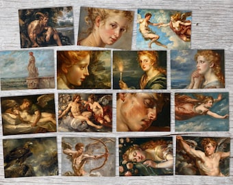 May include: A collage of 12 vintage paintings featuring various mythological and historical figures. The paintings are in a variety of styles, including Renaissance, Baroque, and Rococo. The figures are depicted in a variety of poses, some are standing, some are sitting, and some are flying. The paintings are all framed in gold.