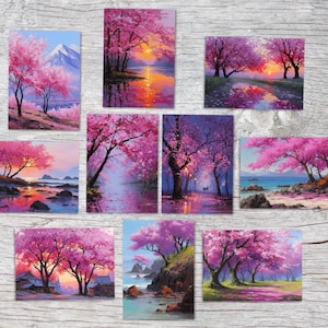 Peut inclure: Ensemble de neuf impressions d'art représentant des cerisiers en fleurs roses dans divers paysages. Chaque impression présente une scène unique, comme des montagnes, des lacs et des vues côtières, avec l'accent mis sur les fleurs des arbres et les arrière-plans doux et colorés.
