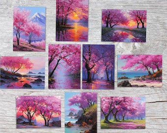 Cherry Blossom Card Set – 10 Aesthetic Nature Postcards A6 | Sakura Landscapes & Sunset Scenes | Japanese Spring Art