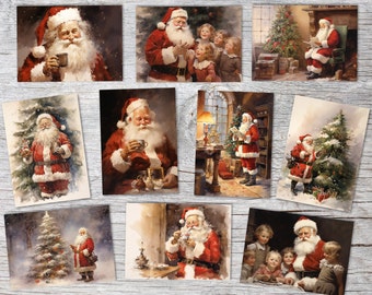 Santa Clause - Cartes de Noël (10 cartes) | Noël Vintage | Cadeau | Dessin à l'aquarelle Saint-Nicolas I Carte postale pliable