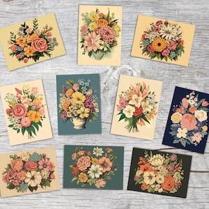 Cartes postales A6 Set (10 cartes) Vintage Illustration Fleurs Cartes de voeux I Cartes de voeux neutres avec bouquets de fleurs