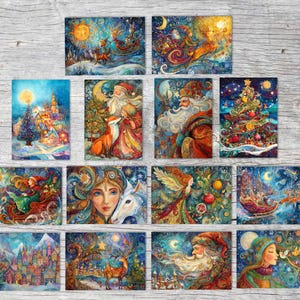 May include: A collection of twelve Christmas-themed art prints. Each print features vibrant, whimsical illustrations with celestial elements, Santa Claus, and winter scenes. The color palette includes blues, golds, and reds, creating a festive and magical atmosphere.