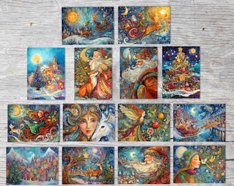 14 Enchanting Christmas Cards – Colorful Winter Art Set | Postcards & Folded Cards | Vintage Fantasy Art, Christmas Illustration