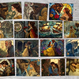 La Bella y la Bestia Set A6 (15 Cartas) cuentos de hadas ilustrados artísticamente I en el original como un conjunto artístico.