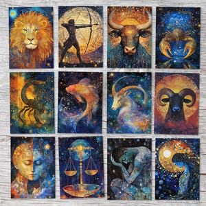 Signes du zodiaque cartes postales A6 set (12 Cards) I Cartes de voeux et cartes d'anniversaire I Capricorne, Poissons, Gémeaux, Lion...