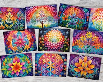 Colorful Flower of Life Card Set (10 cards) | Flower of Life | Gift | Wall Decoration | Image Deco Spiritual | Decoration