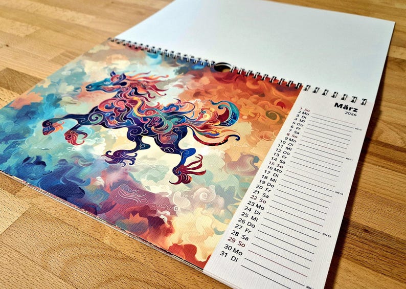 May include: A spiral-bound calendar open to March 2026, featuring a colorful illustration of a horse with a flowing mane and tail. The horse is depicted in shades of blue, purple, orange, and red against a cloudy background. The word "M&auml;rz" is visible.