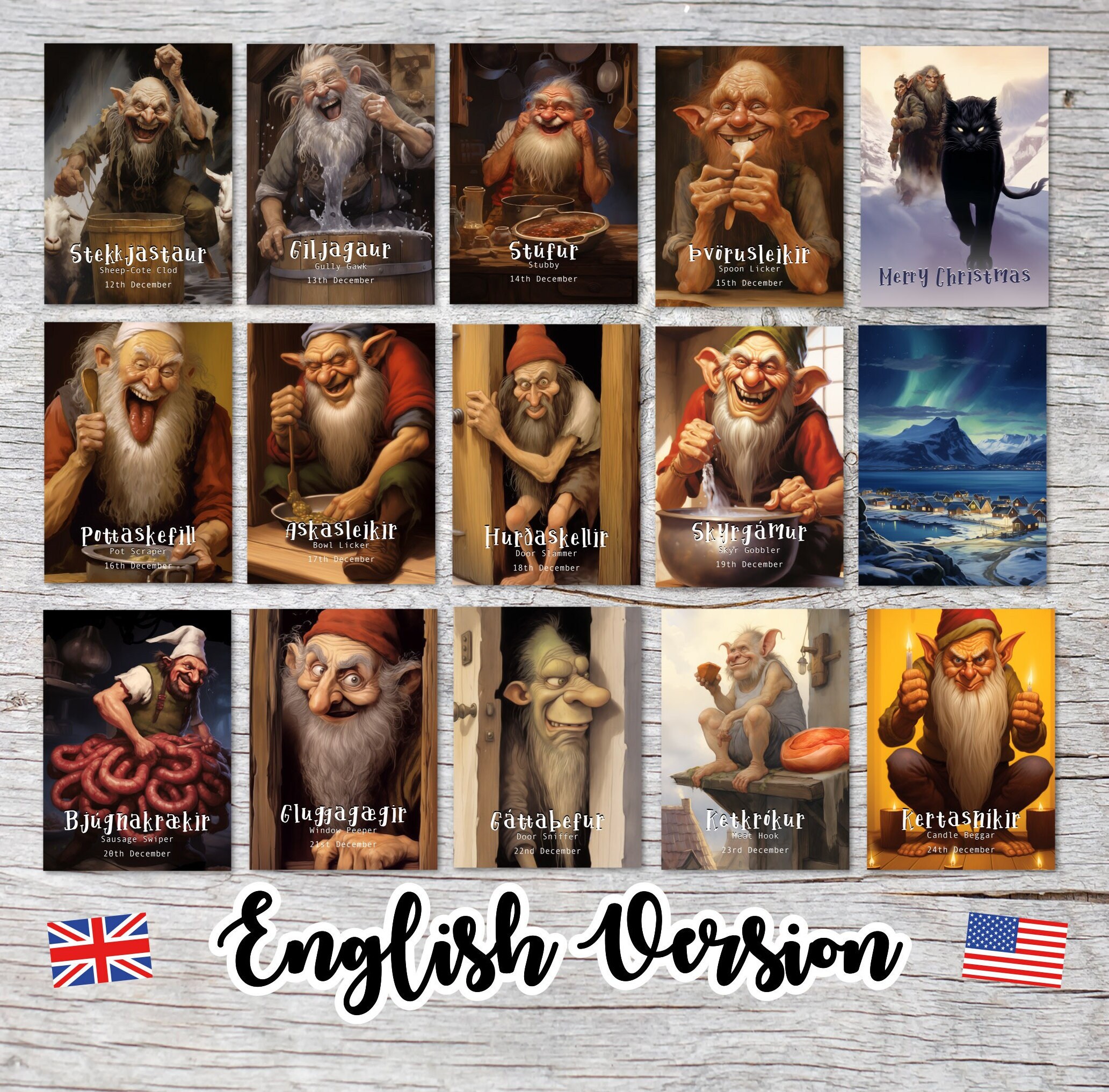 Icelandic Yule Lads Card Set A6 (15 Cards) Icelandic Santa Clauses