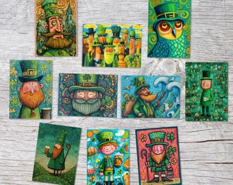St. Patrick’s Day Card Set – 10 Funny Leprechaun Postcards A6 | Irish Clover & Folk Art Cards | Greeting Card Set