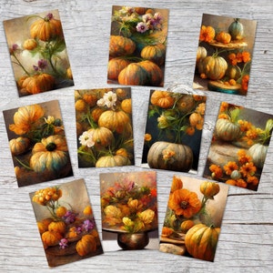 Ensemble de cartes postales A6 (10 cartes) fleurs d'automne vintage citrouilles I cartes de vœux neutres avec aquarelle d'automne