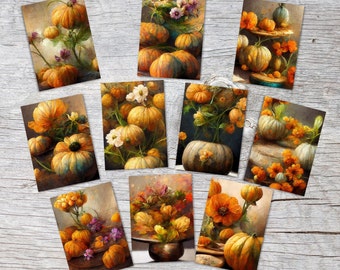 Juego de postales A6 (10 tarjetas) Flores de otoño vintage Calabazas I Pintura digital I Tarjetas de felicitación neutras con pintura de acuarela otoñal