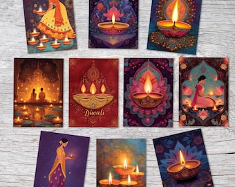 Diwali Card Set – 10 Festival of Lights Greeting Cards | Indian Diwali Postcards A6 | Spiritual Mandala & Diya Art