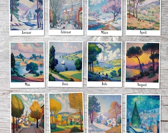 12 monthly cards in the style of pointillism – art print set | Postcards & folding cards | Seasons art, impressionism vintage