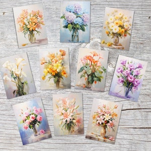 Cartes postales de fleurs A6 Set (10 Cards) Bouquets de fleurs peints à l'huile Reprint I digital Painting I Cartes de vœux neutres avec