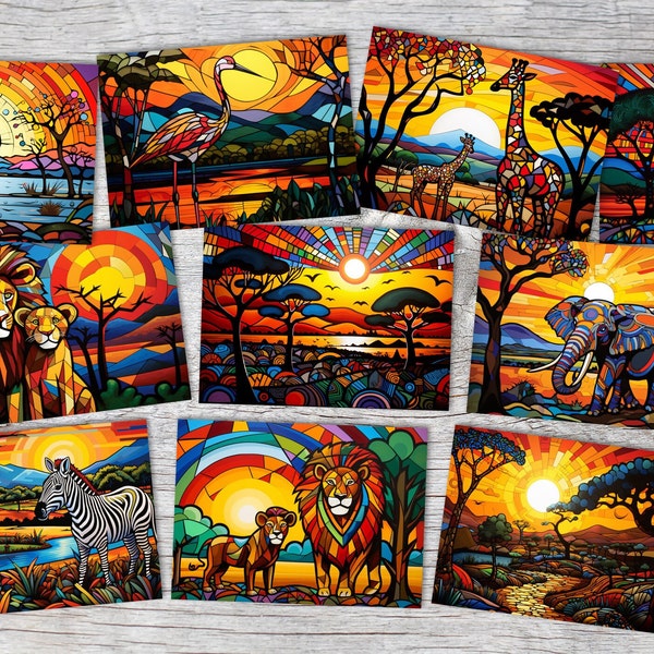 Set de cartes postales africaines colorées A6 (10 cartes) Lions Eléphants Hippopotames Steppes Déserts I Cartes artistiques africaines