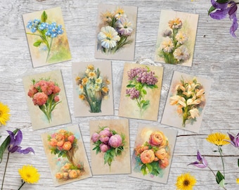 Postcards A6 Set (10 Cards) Vintage Floral Greeting Edition I painting I Neutral greeting cards with floral bouquet watercolor drawing