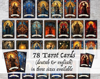 Set de tarots artistiques (78 cartes) | Jeu de tarots avec 78 cartes de tarots en trois tailles | disponible en allemand et en anglais