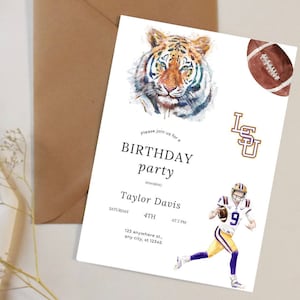 Convite de aniversário de futebol da LSU, jogador de futebol da LSU, aniversário de menino, aniversário de menina, futebol de Louisiana