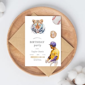 May include: A baseball-themed birthday party invitation with a watercolour tiger, baseball, and glove. The invitation includes a baseball player illustration and the text "BIRTHDAY party" with the name "Taylor Davis" and event details.