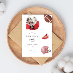 May include: A white and red birthday party invitation featuring a cartoon bulldog wearing a red and white jersey with a 'G' on it. The invitation includes the text 'Please join us for a BIRTHDAY party' and 'Taylor Davis'.