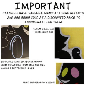 Puede incluir: Imagen con texto que dice "IMPORTANTE" y detalles sobre standees con defectos de fabricaci&oacute;n. La imagen muestra ejemplos de cortes desalineados, marcas grandes, rasgu&ntilde;os ligeros y problemas de transparencia de impresi&oacute;n.