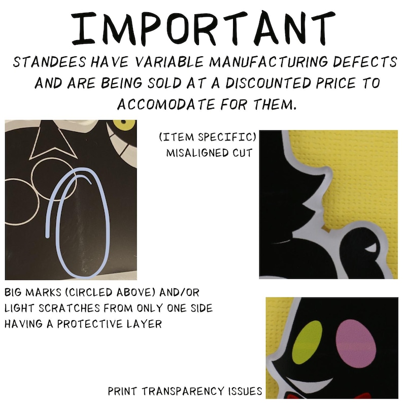 Puede incluir: Imagen con texto que dice "IMPORTANTE" y detalles sobre standees con defectos de fabricaci&oacute;n. La imagen muestra ejemplos de cortes desalineados, marcas grandes, rasgu&ntilde;os ligeros y problemas de transparencia de impresi&oacute;n.