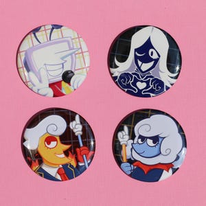 May include: Four round buttons with cartoon character designs. One features a TV head with a microphone, another a white-haired figure with a heart, and two others with moon-like characters. The buttons are on a pink background.