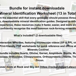 May include: A collection of printed mineral identification worksheets and digital resources. The bundle includes interactive MP4 files and printable PDF worksheets. The text on the image reads "Mineral Identification Worksheet (13 in Total)".