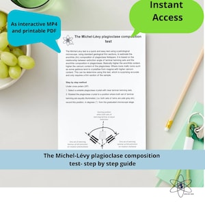 May include: A step-by-step guide titled "The Michel-Lévy plagioclase composition test." The document explains a petrological microscope test for estimating plagioclase feldspar composition. Includes text "Instant Access" and "As interactive MP4 and printable PDF".