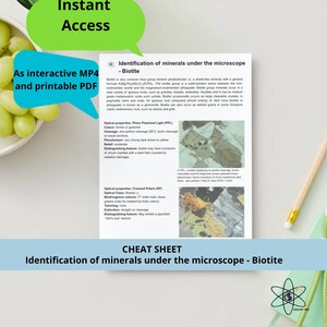 Puede incluir: Una hoja blanca titulada "Identification of minerals under the microscope - Biotite" con texto e imágenes. La hoja está etiquetada como "Cheat Sheet" e incluye el texto "Instant Access" y "As interactive MP4 and printable PDF".