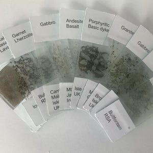 May include: A collection of labeled geological samples, including Basalt, Gabbro, and Granite, displayed in clear plastic sleeves. Each sample has a white label with the rock type and origin information. The samples are arranged in a fan shape.