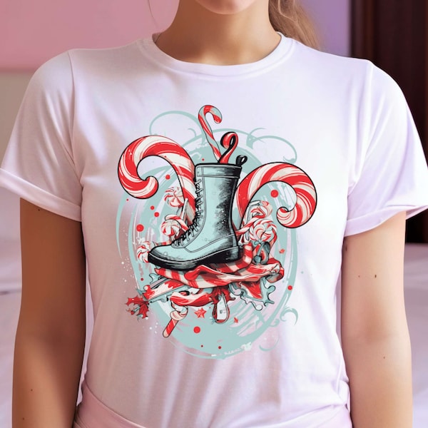 T-Shirt für Weihnachten. Winter Weihnachten Design. Candy Cane Boot Design. Geschenk T-Shirt für Winter Weihnachten.