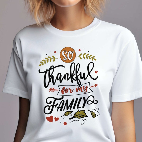 T-Shirt für Weihnachten, Erntedank, Winter, Weihnachten. "So dankbar für meine Familie" Design. Geschenk T-Shirt für Winter Weihnachten.