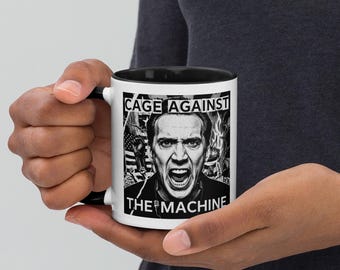 Nicolas Cage Against The Machine Mug - Funny Nicolas Cage Coffee Mug - Movie Icon Inspired Ceramic Mug - Punk Rock Parody Mug