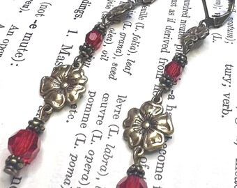Vintage Style Earrings  - Crystal Earrings -  Romantic Earrings - Red Earrings - Floral Earrings - Long Earrings