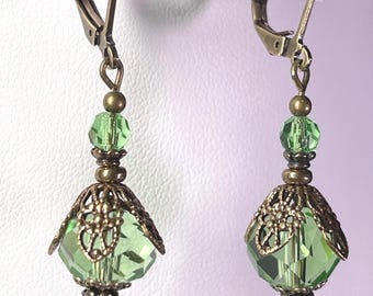 Green Earrings - Victorian Style Earrings - Vintage Style Earrings - Peridot Crystal Earrings- Antiqued Brass Filigree - Birthstone Earrings