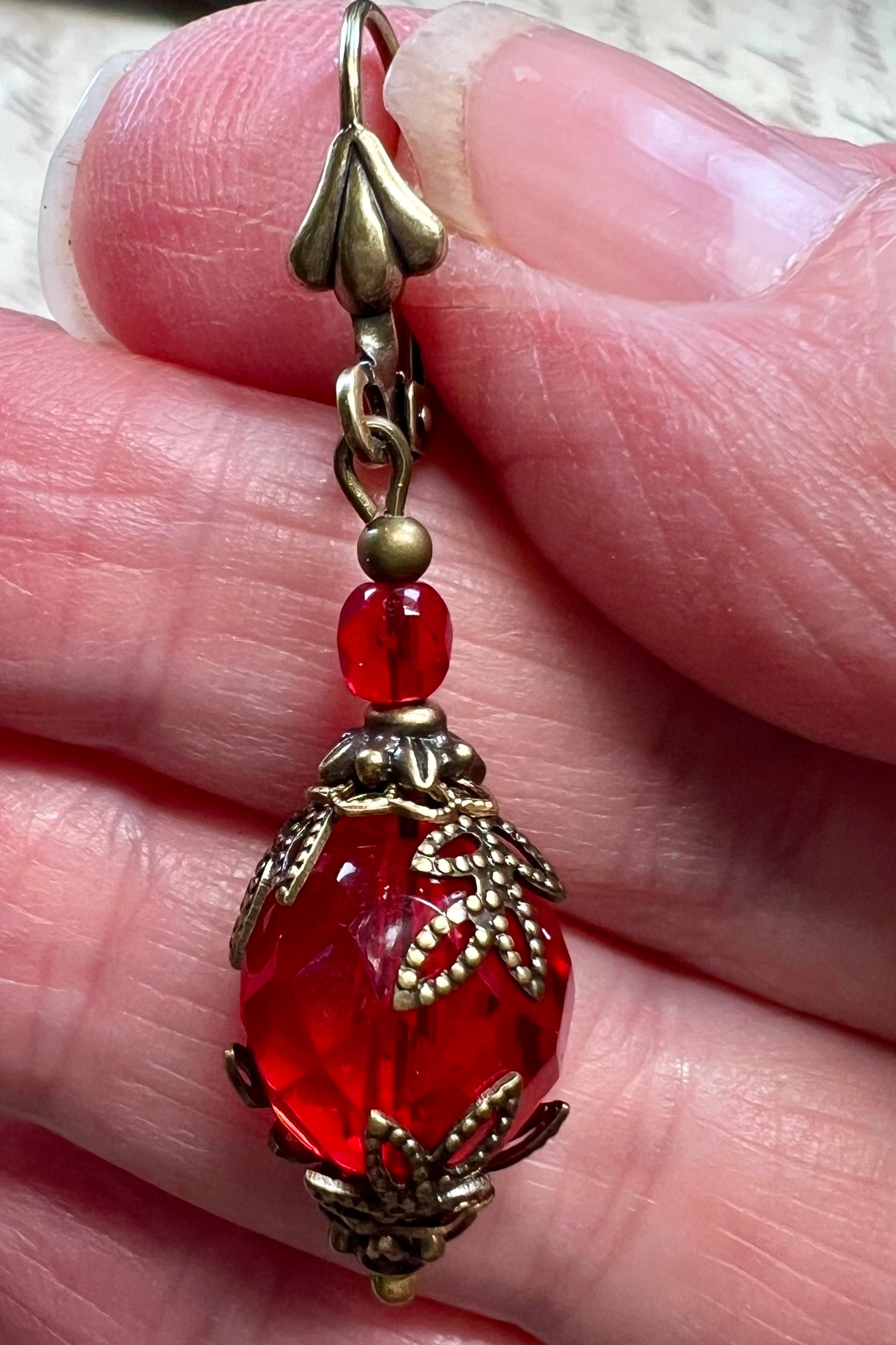 Victorian earrings - Vintage Style Earrings - Red Earrings - Antiqued Brass Earrings - Victorian style earrings- Red and Bronze Earrings