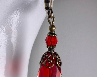 Red Earrings - Victorian Style Earrings - Antiqued Brass Earrings - Vintage Style Earrings - Teardrop Crystal Earrings - Romantic Earrings