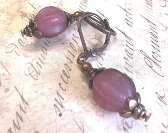 Pink Earrings - Everyday Earrings - Copper Earrings - Czech Glass Earrings - Melon Beaded Earrings - Boho Style  - Handmade Jewelry