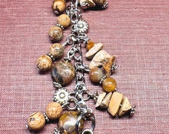 Agate Purse Charm - Silver Clasp Bag Jewelry - Jasper Purse Charm - Brown Purse Jewelry - Western Charm - Cow Skull Jewelry
