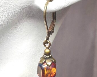Topaz Czech Glass Earrings: Dainty Antiqued Brass Drop Earrings