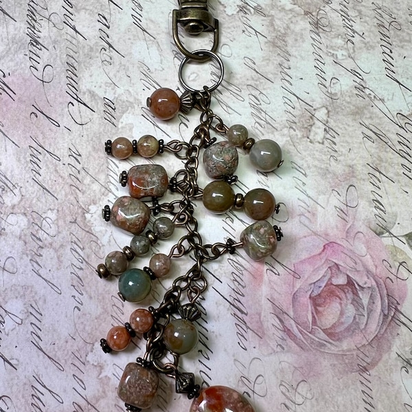 Jasper Purse Charm - Gemstone Bag Charm - Keychain - Purse Jewelry - Brown/Green Purse Charm - Backpack Charm - Beige Purse Charm