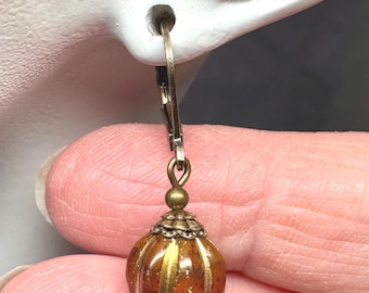 Czech Glass Pumpkin Earrings: Brown Melon Beads, Antiqued Brass