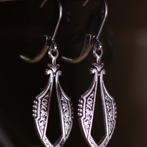 Art Deco Style Earrings - Art Nouveau Style Earrings - Antiqued Silver Tone Earrings