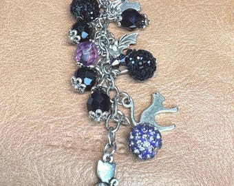 Bat & Cat Purse Charm - Autumn Handbag Bling - Black Purse Charm - Purple Purse Charm