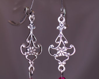 Victorian earrings - Vintage Style earrings - Silver Tone Earrings - Pink Earrings
