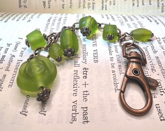 Green Beaded Purse Charm: Antiqued Copper Accent