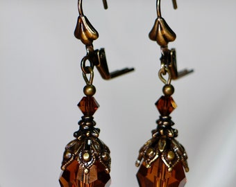 Brown Earrings - Crystal Earrings - Topaz Colored Earrings - Birthstone Earrings - Victorian Earrings - Vintage Style - Beaded Earrings