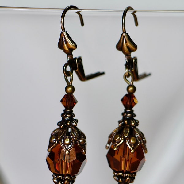 Brown Earrings - Crystal Earrings - Topaz Colored Earrings - Birthstone Earrings - Victorian Earrings - Vintage Style - Beaded Earrings